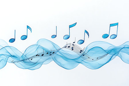Artistic representation of flowing blue music notes and waves creates a serene atmosphere, ideal for...