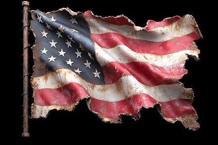 This image features a worn and tattered American flag, showcasing its rich history and resilience. The rustic texture and vivid colors evoke a strong sense of patriotism and pride.の写真素材