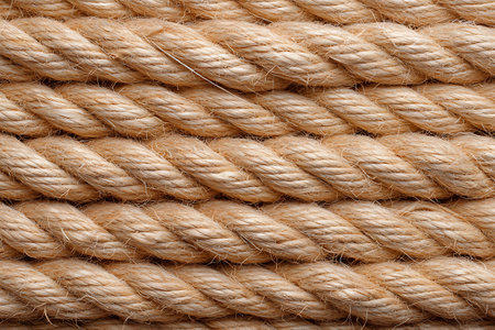 Close-up view of a natural twisted rope with a rustic texture, ideal for backgrounds in crafts,...