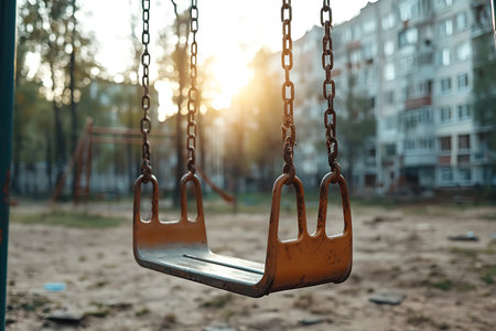 A close-up of an empty swing in a playground during sunset, with sunlight filtering through trees, evoking nostalgia and a peaceful atmosphere perfect for childhood memories.の写真素材