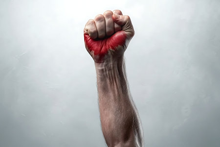 A powerful image of a raised fist covered in red paint, symbolizing resistance and empowerment in a dramatic setting, illustrating strength and determination.の写真素材