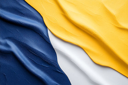 A high-quality close-up of colorful leather texture showcasing yellow, white, and blue tones. Ideal for design, fashion, and creative projects.の写真素材