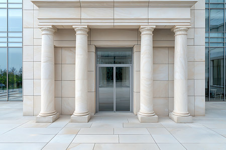 This image showcases a striking architectural entrance characterized by elegant columns and glass doors. The modern design blends stone and contemporary elements.の写真素材