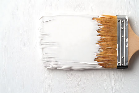 A close-up view of a paintbrush applying a fresh coat of white paint on a smooth wall surface, ideal for home improvement projects.の写真素材