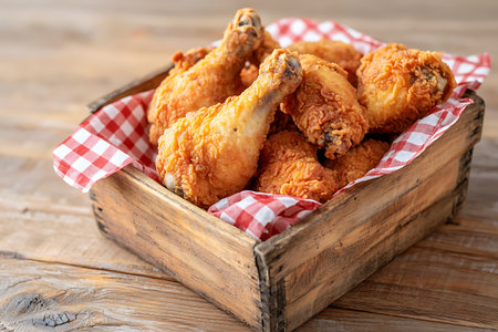 A rustic wooden box filled with golden brown crispy fried chicken legs, served on red and white checkered paper, perfect for picnics or gatherings.の写真素材