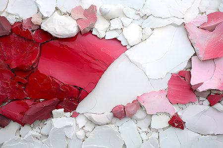 This abstract image showcases a detailed arrangement of cracked paint in striking shades of red and white, highlighting unique texture and artistic expression.の写真素材