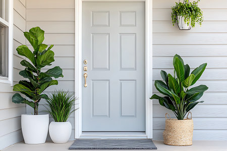 A modern front entrance featuring a stylish door and lush green plants. The welcoming decor creates an inviting atmosphere perfect for any home.の写真素材