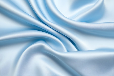 Captivating light blue satin fabric displays a smooth and soft texture with elegant draping. Ideal for backgrounds and textile design projects.の写真素材