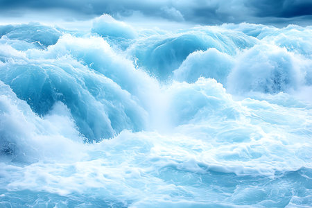 Experience the dynamic beauty of ocean waves crashing with vivid blue colors and white foam under a...