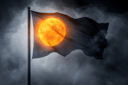 A captivating flag features a bright sun emblem, waving majestically in a dark and foggy atmosphere, creating a mysterious and dramatic visual impact.の写真素材