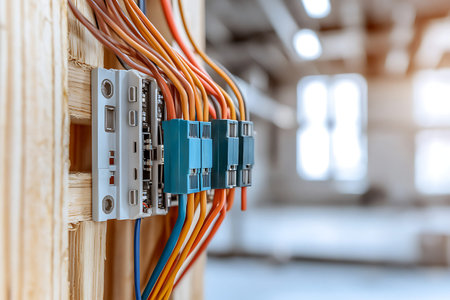 A detailed image showcasing colorful electric wires and a circuit breaker panel, emphasizing modern...