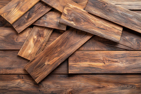 A collection of textured wooden planks arranged on a rustic surface, ideal for interior design, crafting, or showcasing natural beauty, warmth, and quality.の写真素材