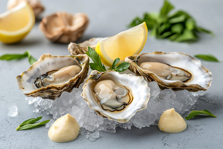 Discover a stunning arrangement of fresh raw oysters served on ice, complemented by lemon and...