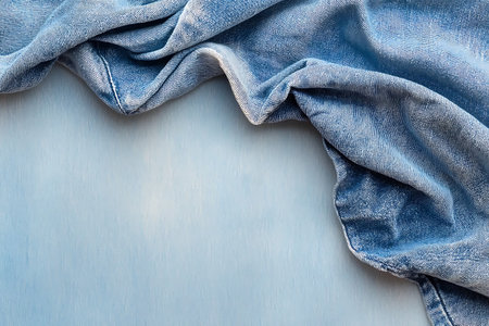 A close-up image of a soft blue denim fabric showcasing its textured surface with gentle creases. Ideal for design projects, backgrounds, and textiles.の写真素材