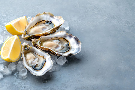 Indulge in a gourmet experience with these fresh oysters presented on ice, accompanied by vibrant...