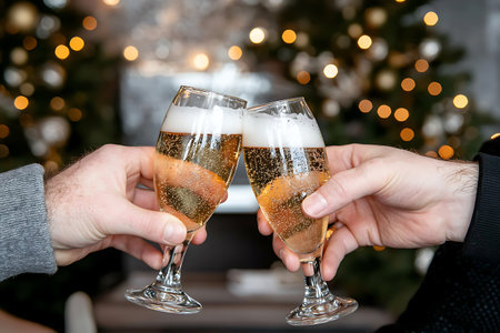 Two hands holding champagne flutes toast during a festive celebration, with a beautiful bokeh...