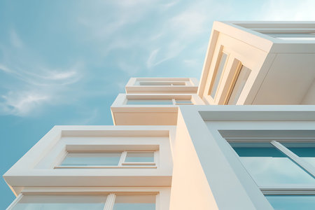 Eye-catching modern building captured from a low angle, showcasing clean lines and geometric...