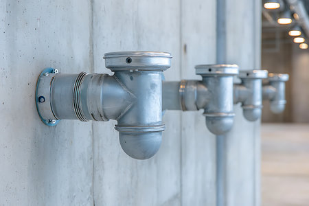 A detailed view of aluminum pipe fittings mounted on a smooth grey concrete wall, showcasing modern industrial design and functionality in a spacious facility.の写真素材