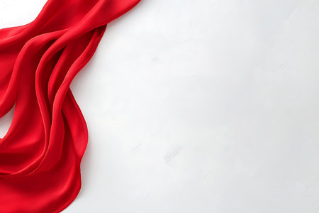 This image showcases elegant red satin fabric beautifully draped against a soft white surface, perfect for stylish backgrounds and design projects.の写真素材