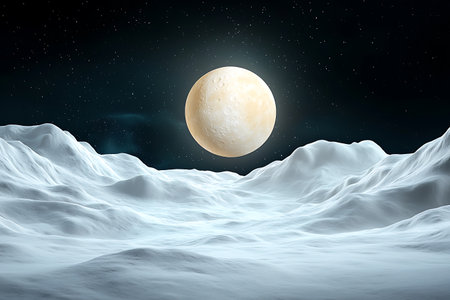 A captivating scene featuring a luminous moon rising over a surreal, snowy landscape, evoking feelings of wonder and tranquility in a vast cosmic setting.の写真素材
