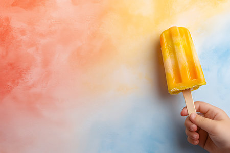 A bright orange popsicle held by a hand against a vibrant, colorful background evokes summer vibes and joy. This refreshing treat is perfect for hot days.の写真素材