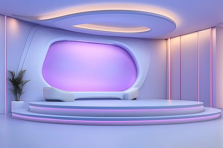 A stylish modern studio space featuring minimalist design elements, soft purple lighting, and a...