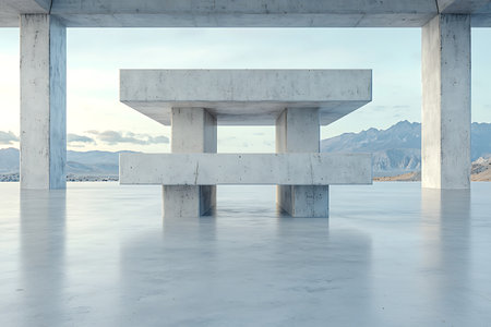 A striking contemporary concrete sculpture set against a breathtaking mountain backdrop, embodying minimalism and tranquility in a serene outdoor environment.の写真素材