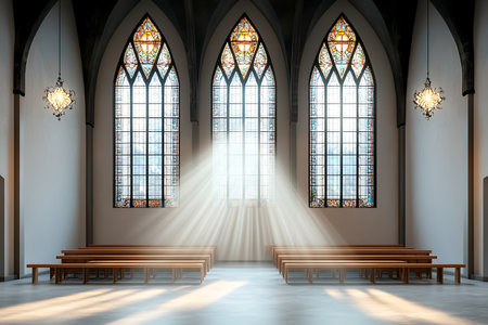 A captivating church interior featuring stunning stained glass windows, illuminating the serene space with soft rays of light. Perfect for themes of faith and tranquility.の写真素材