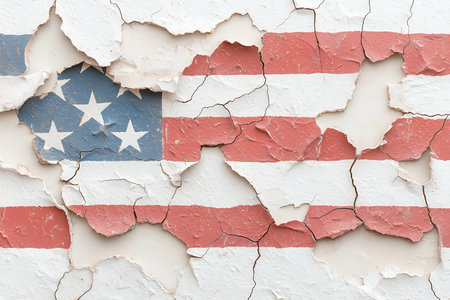 This captivating image showcases a cracked wall revealing a distressed American flag, blending history and artistry. It captures vintage charm and patriotic spirit.の写真素材
