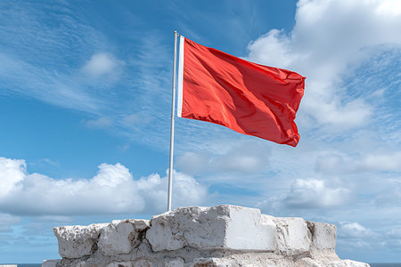 A striking red flag flutters in the wind atop a stone structure. The vibrant color contrasts beautifully with the blue sky and fluffy clouds, creating a captivating scene.の写真素材