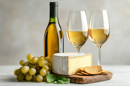 A beautifully styled composition featuring two glasses of white wine beside creamy cheese, fresh grapes, and crunchy crackers, perfect for a sophisticated gathering or picnic.の写真素材