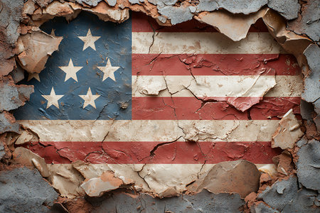 This striking image features a vintage American flag design with cracked paint, revealing a rustic texture. It evokes themes of history and patriotism.の写真素材