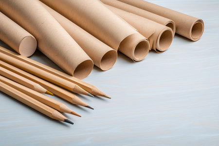 This image showcases brown paper rolls and pencils arranged on a light surface, perfect for inspiring creativity in various artistic projects and crafts.の写真素材