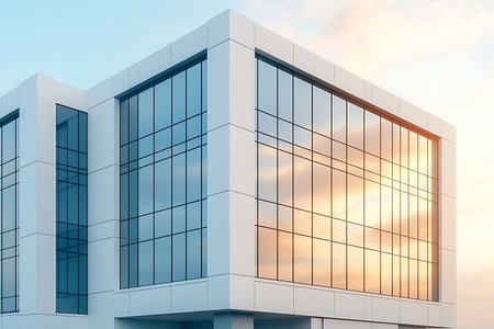 Modern office building with large glass windows reflecting a vibrant sunset. The design features clean lines and a minimalist aesthetic, suitable for various business needs.の写真素材