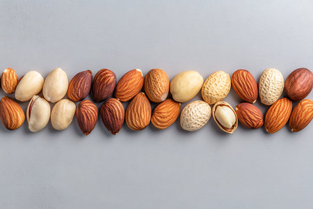 Delight in the beauty of various unshelled nuts displayed on a smooth gray surface, showcasing a vibrant palette and diverse textures perfect for culinary inspirations.の写真素材