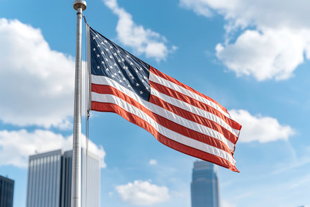 A vibrant American flag waves proudly against a backdrop of blue sky and fluffy clouds, highlighting urban buildings that symbolize modernity and patriotism.の写真素材