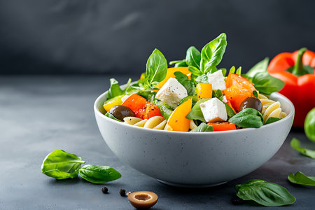 A vibrant pasta salad showcasing fresh vegetables, feta cheese, and fragrant basil leaves, perfect for healthy meals and garnished with olives.の写真素材