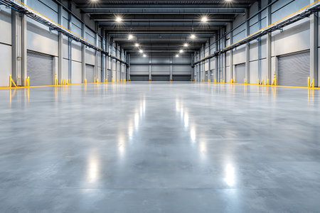 Bright and spacious interior of an empty warehouse showcasing polished concrete floor and modern...