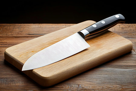 A sharp kitchen knife rests on a wooden cutting board, illuminated by dramatic lighting. This image highlights the elegance and craftsmanship of culinary tools, making it ideal for food-related themes.の写真素材