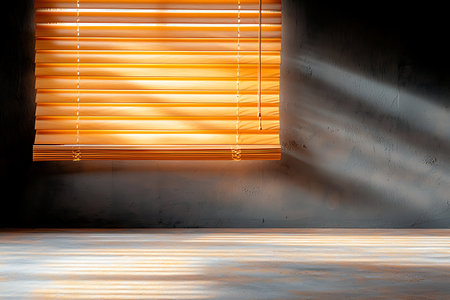 A serene indoor scene featuring sunlight streaming through closed blinds, casting intricate shadows and creating a warm, minimalist ambiance, ideal for design inspiration.の写真素材