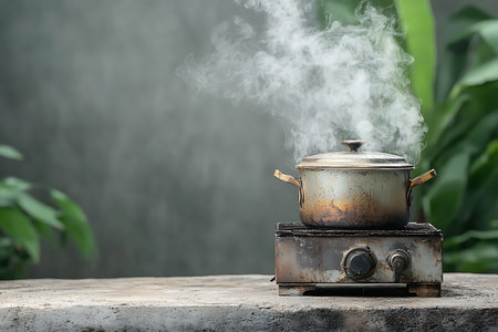 An old metal pot produces steam on a rustic gas stove, surrounded by green plants, creating a warm and inviting atmosphere perfect for culinary inspiration.の写真素材