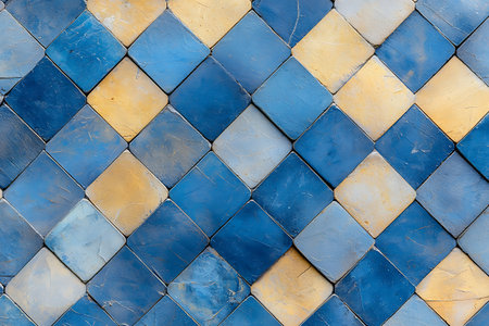 This image features a stunning blue and gold geometric tile pattern, perfect for modern interior design projects, highlighting textures and colors.の写真素材
