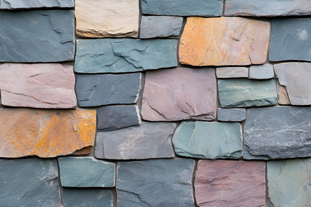 Captivating image of a natural stone wall featuring multicolored slate, ideal for enhancing...