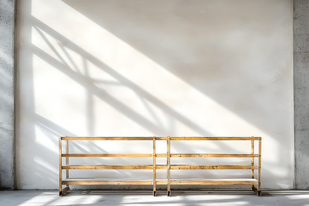 A pair of simple wooden shelves stand against a neutral wall, with natural light casting dramatic shadows. The minimalist design adds warmth and depth to the space.の写真素材