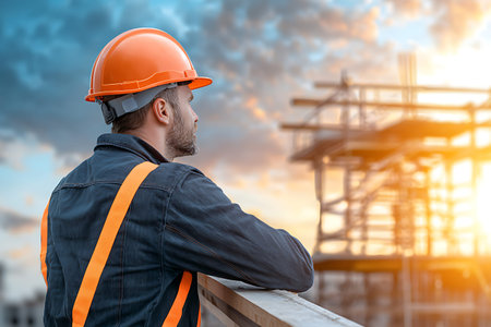 A construction worker wearing an orange helmet and reflective gear stands thoughtful at sunset,...