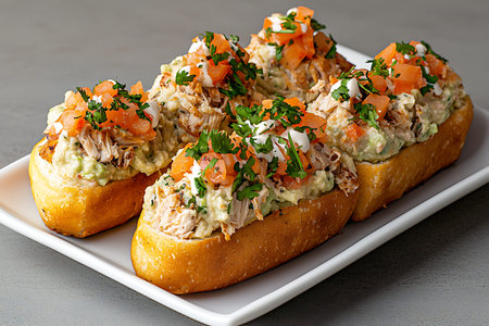 This image features a beautiful plate of savory bread topped with pulled chicken, creamy avocado,...