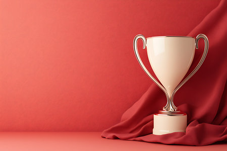 This elegant trophy stands proudly on a red background, symbolizing achievement and success, complemented by soft drapery that enhances its beauty and appeal.の写真素材