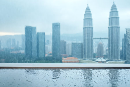 A captivating view of a rainy day in Kuala Lumpur showcasing the iconic Petronas Towers through a...