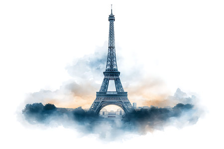 Experience the enchanting beauty of the Eiffel Tower, beautifully framed by soft clouds and a warm sunset glow, capturing the essence of Parisian charm.の写真素材