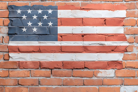 Vibrant mural of the American flag painted on a weathered brick wall. Perfect for home decor, art projects, or patriotic themes.の写真素材